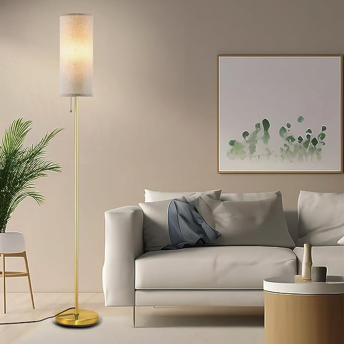 Modern Floor Lamp for Living Room, Gold Standing Lamps with 3 Color Temperatures Bulb, Minimalist Tall Lamp with Chain Switch for Bedroom, LED Bulb Included(Beige Shade+Gold) - Bloomnest