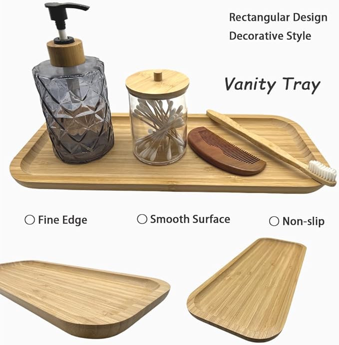 Wood Vanity Tray, Bathroom Counter Solid Bamboo Organizer, Toilet Tank Top Wooden Serving Plate for Dinner Tea Coffee (Natural Bamboo Color, 14 x 5.9 inch) - Bloomnest