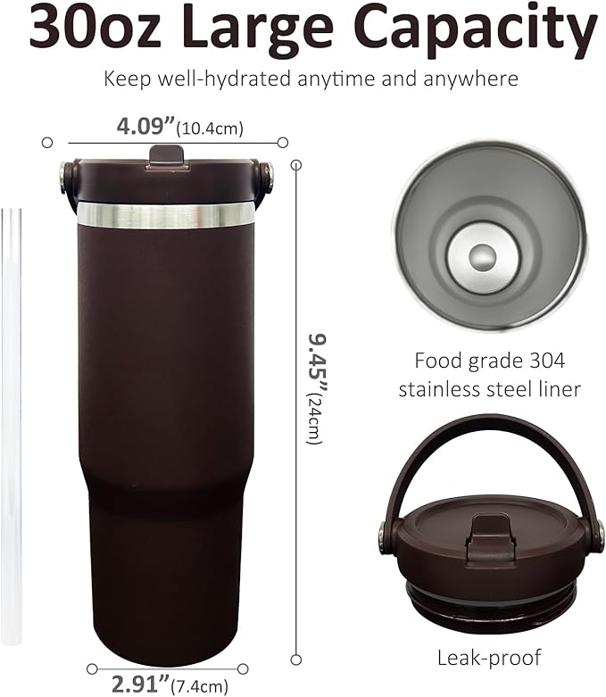 30 oz Tumbler with Handle, Double Wall Vacuum Insulated Tumblers with Flip Straw, Coffee Mug 30oz Powder Coated Cup for Hot and Cold Drinks(Coffee,8 pack)