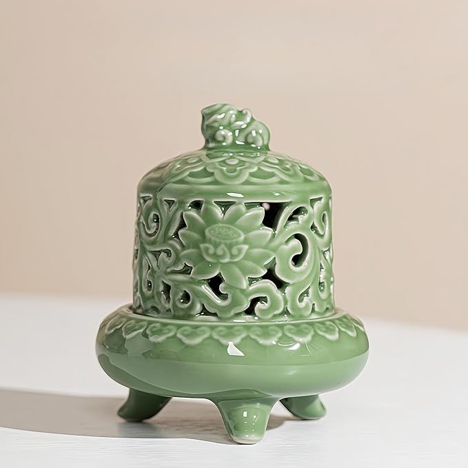 Mini Ceramic Incense Burner - Chinese Classic Plum Green Celadon Glaze, Fragrance Cone & Stick Holder Palo Santo/Sage/Herb Burner for Meditation, Yoga, Desk Decor, Zen Relaxation Gift (PI XIU) - Bloomnest