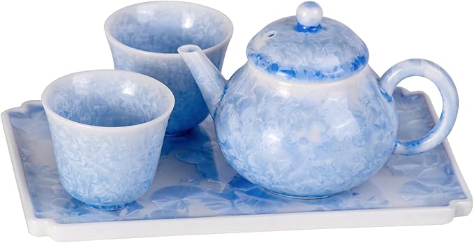 KAMMAK Tea Set Porcelain Tea Pot and Tea Cups Set,Ice Crystal Blue Asian Ceramic Tea Cups and Saucers Set, Chinese Gong Fu Tea Set (2 Cups +1 Pear-shaped Teapot + 1 Square Plate) - Bloomnest
