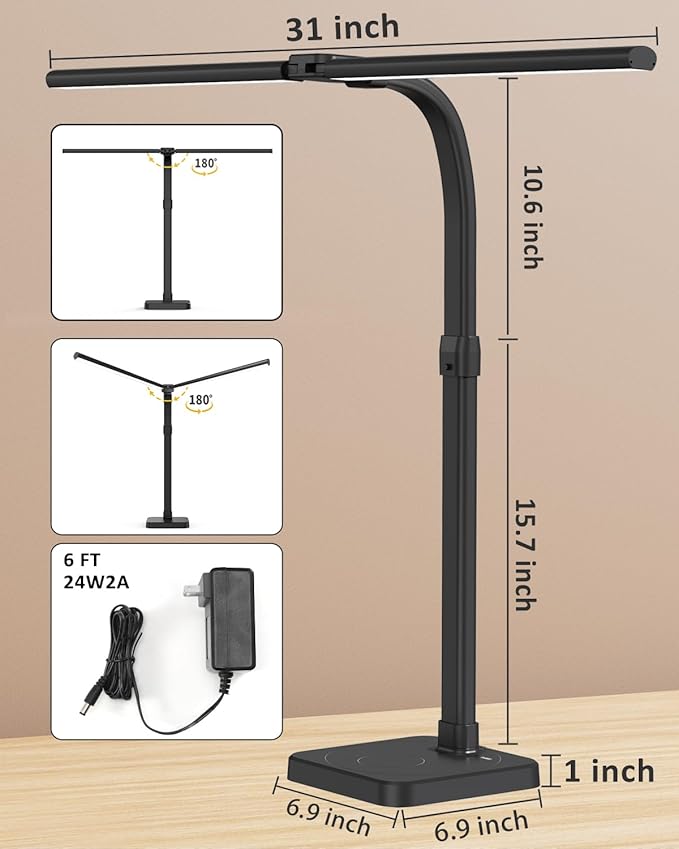 LED Desk Lamp for Home Office, Double Head 24W with Base, Architect Light 5 Lighting Brightness Flexible Gooseneck Table Reading Study, Black - Bloomnest