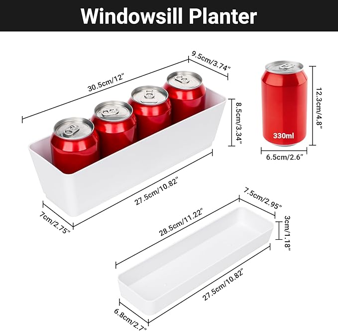 GREANER Flower Boxes, 3 Pack 12x3.8 Inch Rectangle Window Boxes, Herb Planters with Tray, Indoor Succulent Cactus Flowers Plastic Drawable Pot for Windowsill, Garden, Balcony, Office Outdoor (White) - Bloomnest