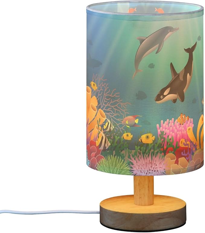 Table Lamp Cartoon Dolphin Killer Whale Sea Fish Coral Underwater in Ocean Nightstand Lamp with Wood Base Fabric Lamp Shade Bedside Desk Lamp for Living Room Bedroom Kids Room Office - Bloomnest