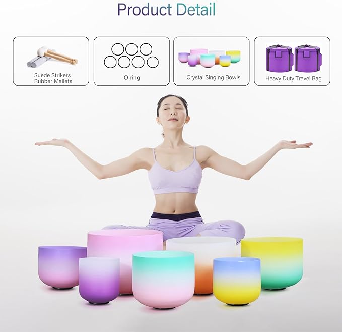 440HZ 6"-12" Set of 7 PCS Frosted Quartz Color Crystal Singing Bowl Set Sound Healing with Sound Bowl Mallet Suede Stick Heavy Duty Carry Cases - Bloomnest