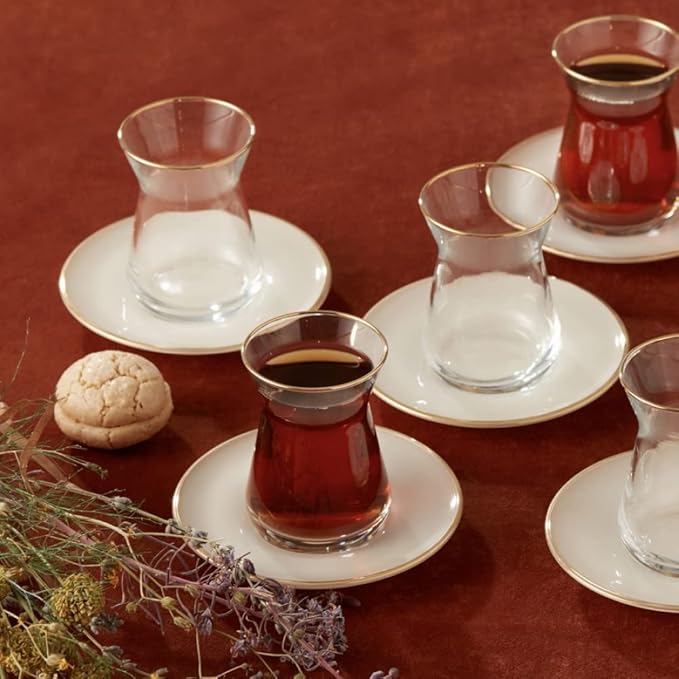 KARACA Retro Beige 6 Person Tea Set - 12 Piece Turkish Tea Cups and Saucers, Turkish Tea Glasses Set with Gold Decal Details - Bloomnest