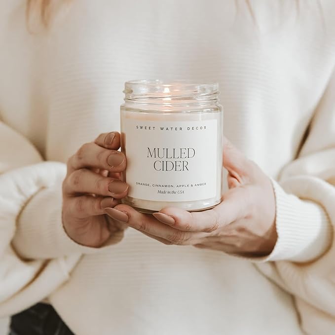 Sweet Water Decor Mulled Cider Candle - Fall Scented with Cinnamon, Icing and Cinnamon Buttery Pastry for Home - Fall Soy Candle with 40 Hours Burn Time - 9Oz Gold Lid Clear Jar Mulled Cider Scents - Bloomnest