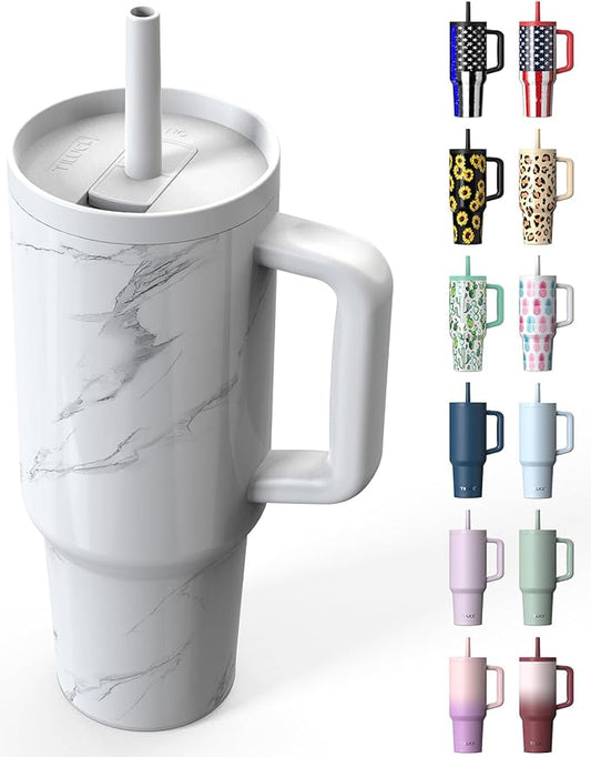 TILUCK 40 oz Tumbler with Handle, Vacuum Insulated Stainless Steel Travel Mug with 100% Leak-Proof Silicone Straw Lid, Cupholder Friendly Water Bottle(Marble, 40oz)