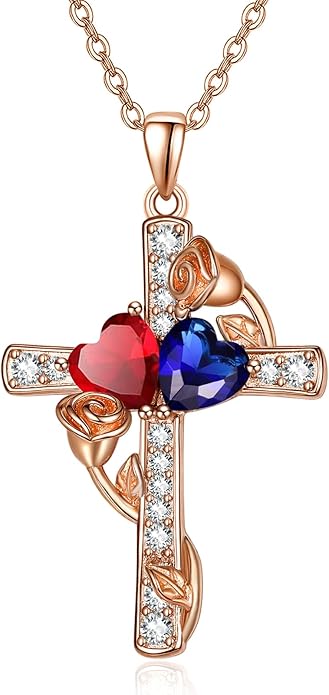 Rose Gold Dual Birthstones Cross Necklace for Women Rose Flower Jewelry Anniversary Christmas Mother's Valentine's Day Birthday Gift for Wife Girlfriend Mom - Bloomnest