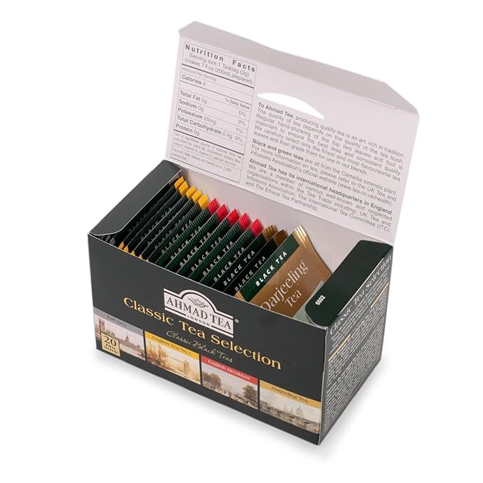 Ahmad Tea Black Tea, Classic Selection Pack Teabags, 4 Teas Earl Grey, English No.1, Darjeeling, & English Breakfast, 20 ct Teabags (Pack of 1) - Caffeinated & Sugar-Free - Bloomnest
