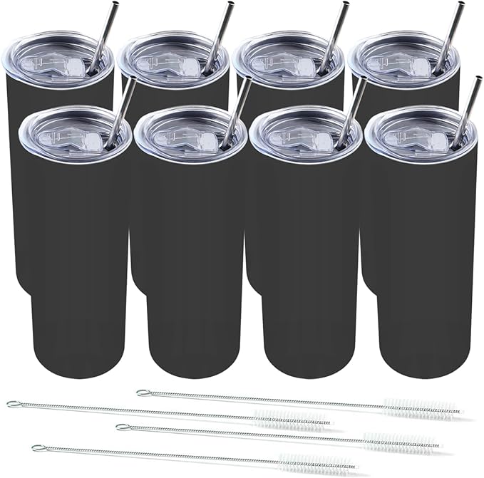 Amtidy 8 Pack 20 oz Insulated Slim Tumbler with Lid and Straw, Powder Coated Double Wall Vacuum Insulated Tumbler for Hot and Cold Drinks - Bloomnest
