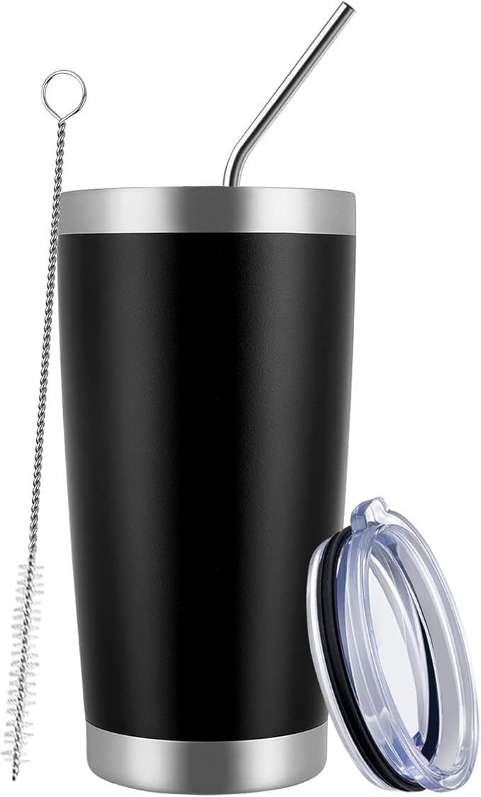 MEWAY 20oz Tumbler Cup Double Wall Vacuum Insulated Travel Mug Bulk, Stainless Steel Tumblers with Lid and Straw, Durable Powder Coated Coffee Cups for Cold & Hot Drinks (Black, 1) - Bloomnest