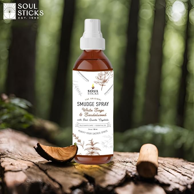 SOUL STICKS White Sage & Sandalwood Smudge Spray For Cleansing and Negative Energy | 3.5oz White Sage Smudge Spray with Real Quartz Crystals | Car Fragrance Sage Room Spray for Spiritual Cleansing SoulSticks