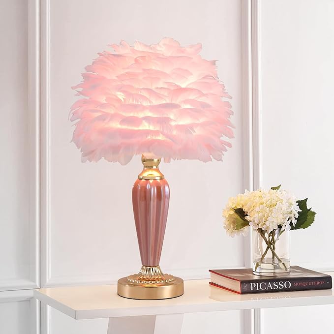 Pink Feather Lamp Creative Bedside Lamp Feather Table Lamp Cute Furry Goose Nightstand Light for Girl Bedroom Wedding Decor Living Room Hotel Office Valentines Dating Gift - Bloomnest