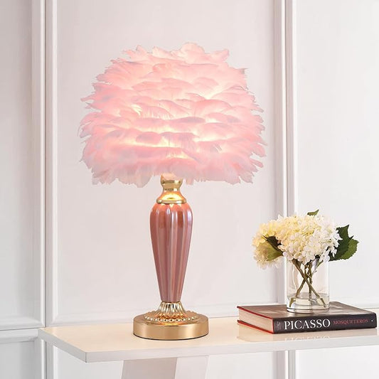 Pink Feather Lamp Creative Bedside Lamp Feather Table Lamp Cute Furry Goose Nightstand Light for Girl Bedroom Wedding Decor Living Room Hotel Office Valentines Dating Gift - Bloomnest