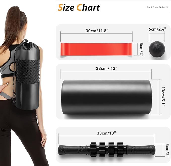 5 in 1 Foam Roller Set - Trigger Point Foam Back Roller, Muscle Roller Stick, Massage Ball, Stretching Band for Deep Muscle Massage Pilates Yoga,Fitness Exercise for Whole Body Release (Pure Black) - Bloomnest