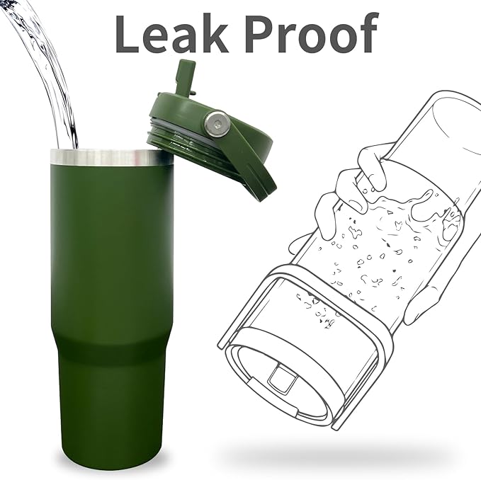 30 oz Tumbler with Handle, Double Wall Vacuum Insulated Tumblers with Flip Straw, Coffee Mug 30oz Powder Coated Cup for Hot and Cold Drinks(Army Green,8 pack)