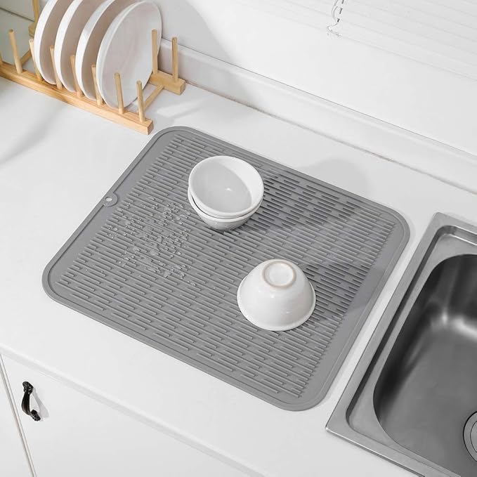 Silicone Dish Drying Mat for Multiple Usage,Easy clean,Eco-friendly,Heat-resistant Silicone Mat for Kitchen Counter or Sink,Refrigerator or Drawer Liner Grey XL 18 inches x 16 inches - Bloomnest