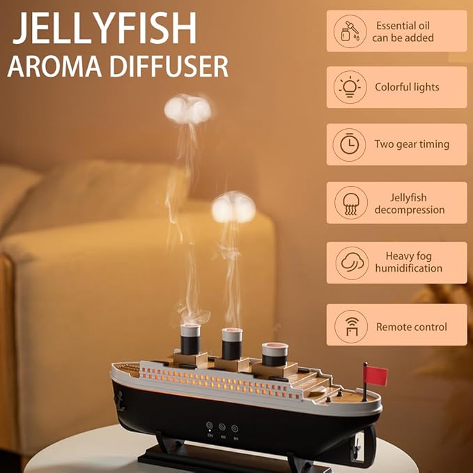 Essential Oil Diffuser, 250ml Ship Modelling Aromatherapy Ship Oil Diffuser Cool Mist Humidifier with Remote Control, Remote 2 Spray Mode Auto Shut-Off, 7 Color LED Light for Home Office(Black) - Bloomnest