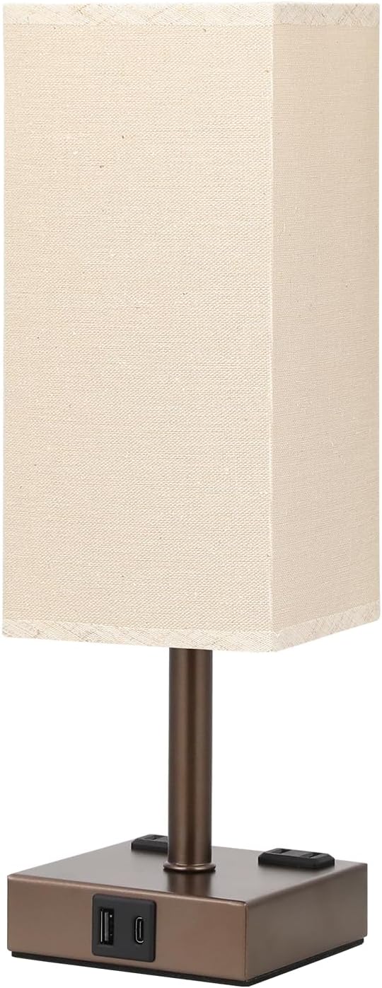 Brown Touch Table Lamp - Bedside Lamp with USB A + Type C Charging Ports and Two AC Outlets, Small Night Stand with E26 LED Bulb, Desk Light for Bedroom Living Room Office Dorm - Bloomnest