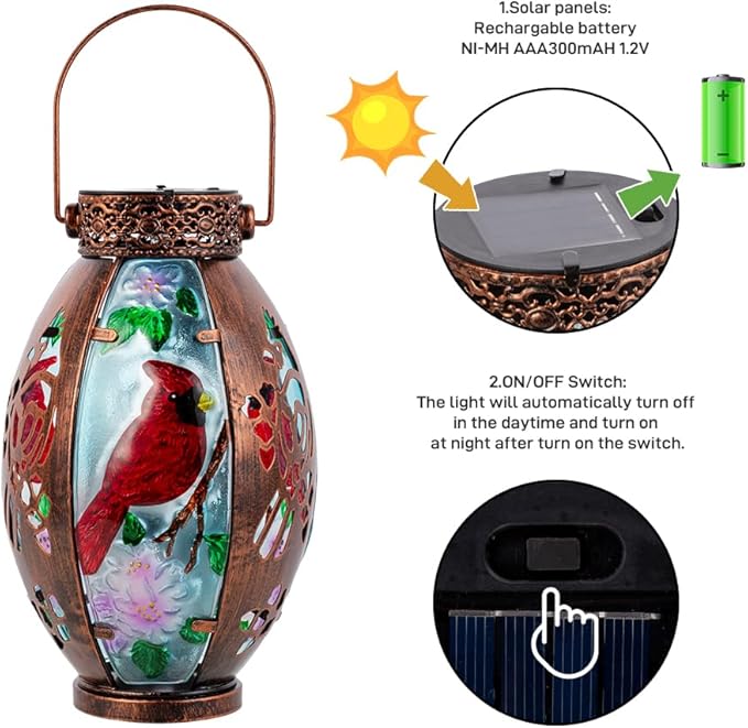 Starsoul Cardinal Outdoor Solar Lantern - Metal & Stained Glass Cardinal Solar Light, Waterproof Tabletop Lamp with Hollowed-Out Design for Yard, Patio, Garden, Pathway - Bloomnest