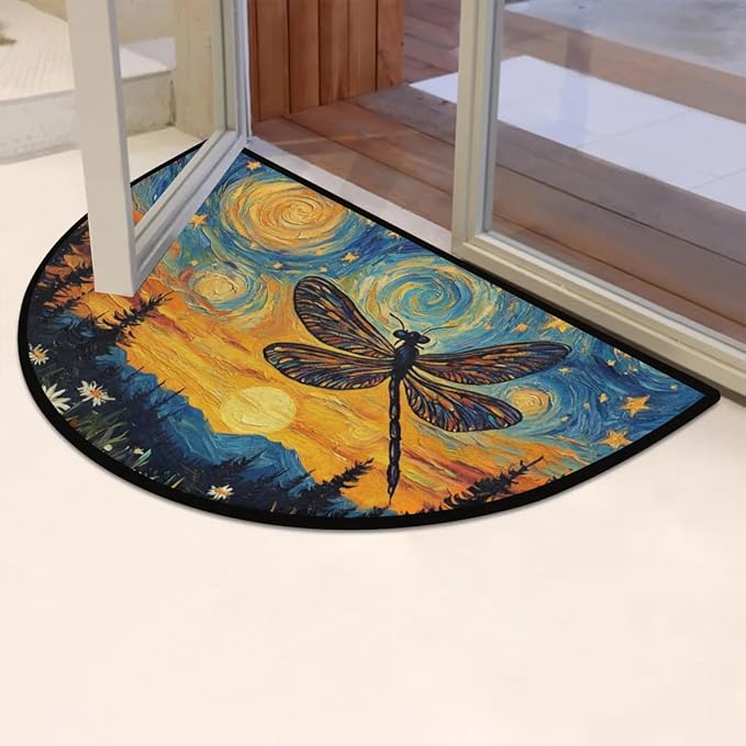 Half Round Door Mat, Starry Night Dragonfly Half Circle Rug for Home Decor Floor Indoor Outdoor Non-Slip Washable Floral Half Moon Rug Doormat 36X24 Inch - Bloomnest