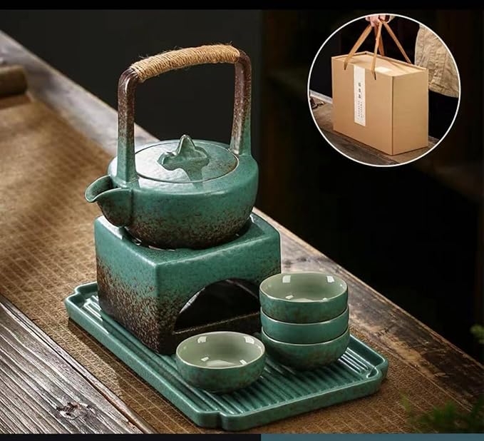Ceramic travel tea set. 1 pot, 4 cups, 1 tea tray, 1 tea warmer, Chinese Kung Fu tea set, 2 colors (green) - Bloomnest
