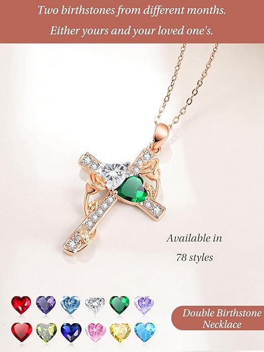 Rose Gold Dual Birthstones Cross Necklace for Women Rose Flower Jewelry Anniversary Christmas Mother's Valentine's Day Birthday Gift for Wife Girlfriend Mom - Bloomnest
