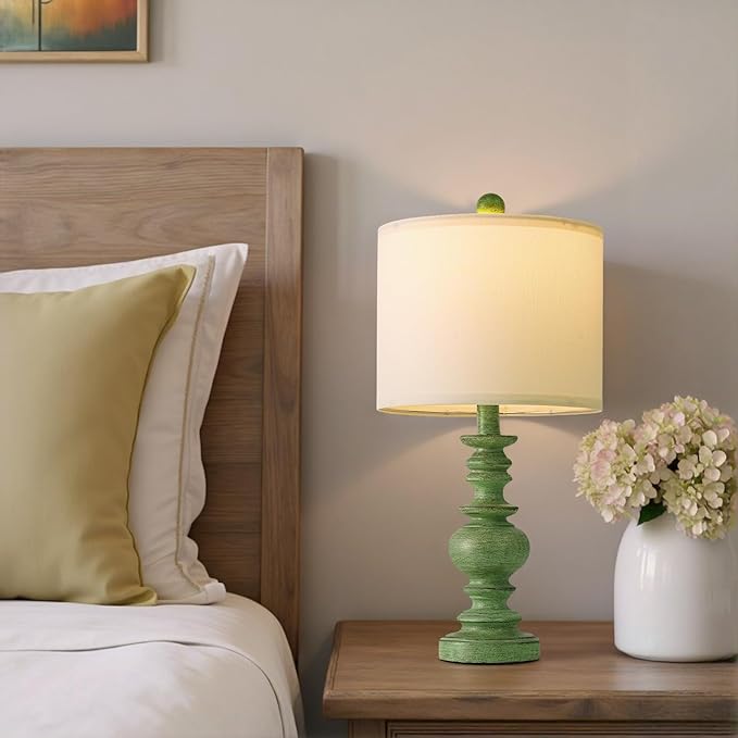 BOBOMOMO 20" Sage Green Table Lamps Set of 2 – Farmhouse Resin Bedside Lamps with Linen Shades, Handcrafted Traditional Rustic Lamp for Bedroom, Living Room, or Corner – Ideal for Small Spaces - Bloomnest