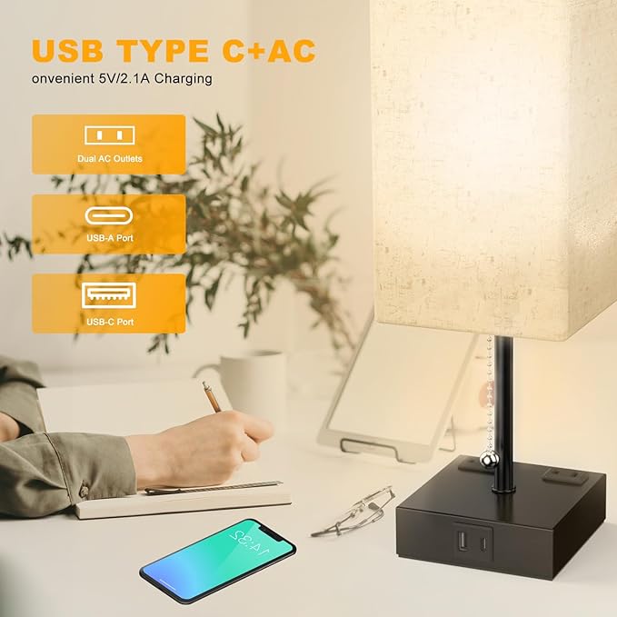 Table Lamp for Bedroom with USB,Bedside Lamp with USB C+A Charging Ports,Adjustable 3color LED Light for Home Decor/Nightstand/Office,Included Bulb and Fabric Lamp Shade (Linen White, 2PCS) - Bloomnest