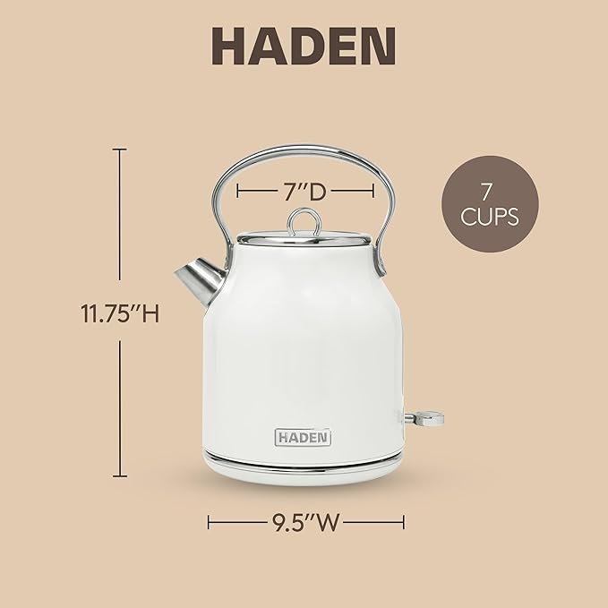 Haden Heritage 1.7 Liter Stainless Steel Electric Kettle, Hot Water Kettle with 360-Degree Base and Auto Shutoff, Ivory & Chrome - Bloomnest