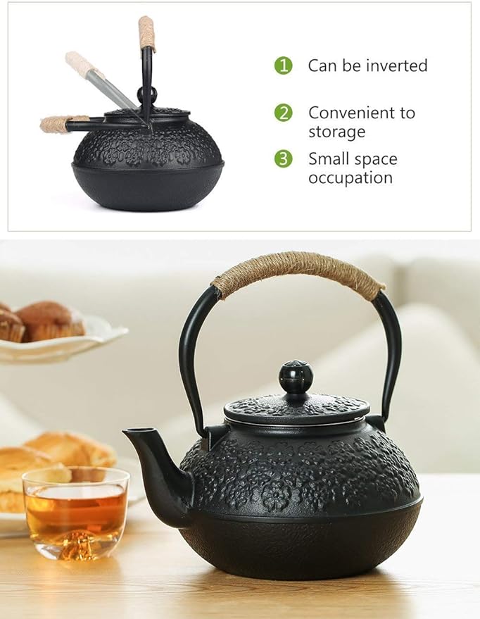 Sotya Cast Iron Teapot, 40oz/1200ml Japanese Tetsubin Tea Pot with Infuser for Loose Leaf and Tea Bags, Tea Kettle Coated with Enameled Interior for Stove Top, Black - Bloomnest