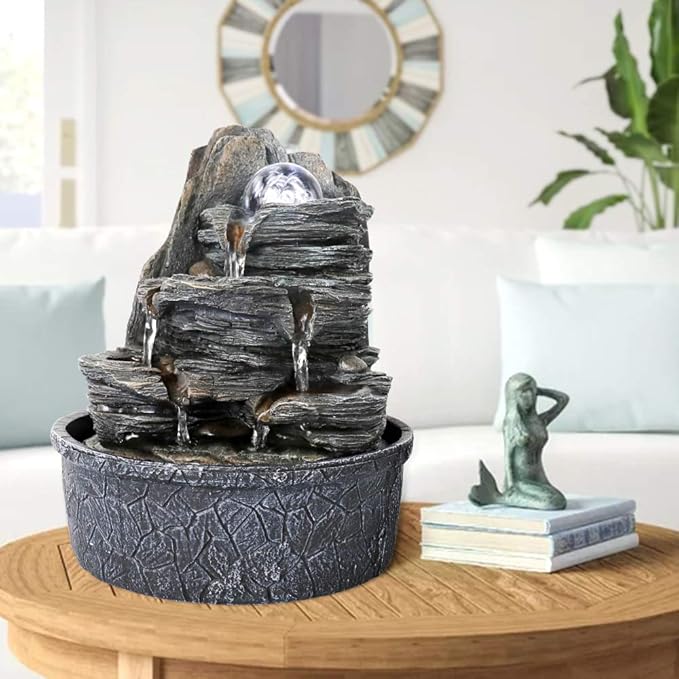 Rockery Indoor Water Fountain, Zen Meditation Tabletop Fountain with LED Lights & Crystal Ball for Home Office Bedroom 9 4/5"