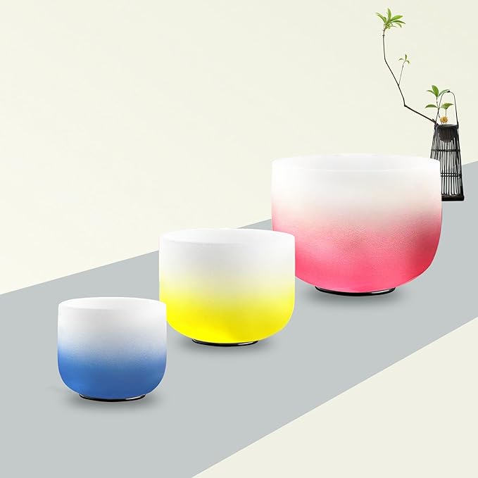 8-12 Inch Set of 3 Gradient Design Quartz Crystal Singing Bowl Chakra Set with Free Carrying Case and Suede Sticker & O-ring - Bloomnest