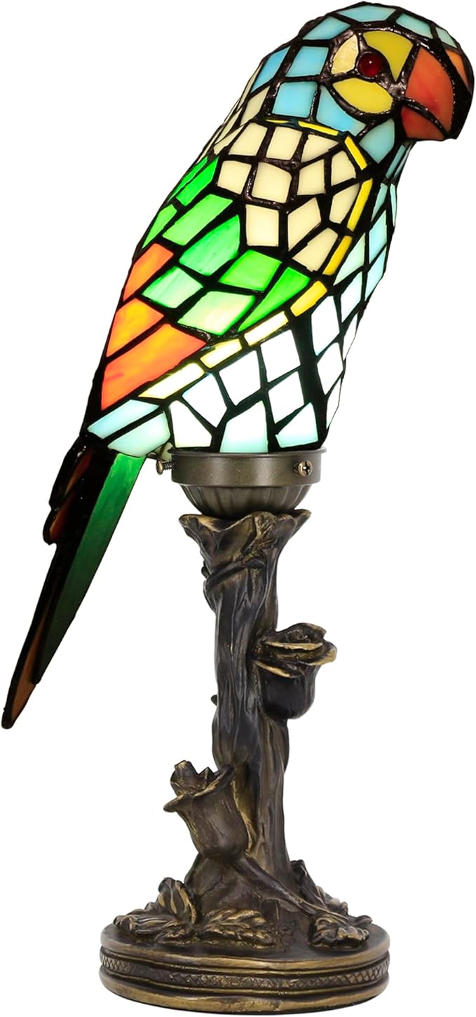Small Tiffany Lamp Parrot Table Lamp Stained Glass Accent Lamp 15.3 Inch Tall Mini Desk Bedside Night Light for Kids Bedroom (Blue) - Bloomnest