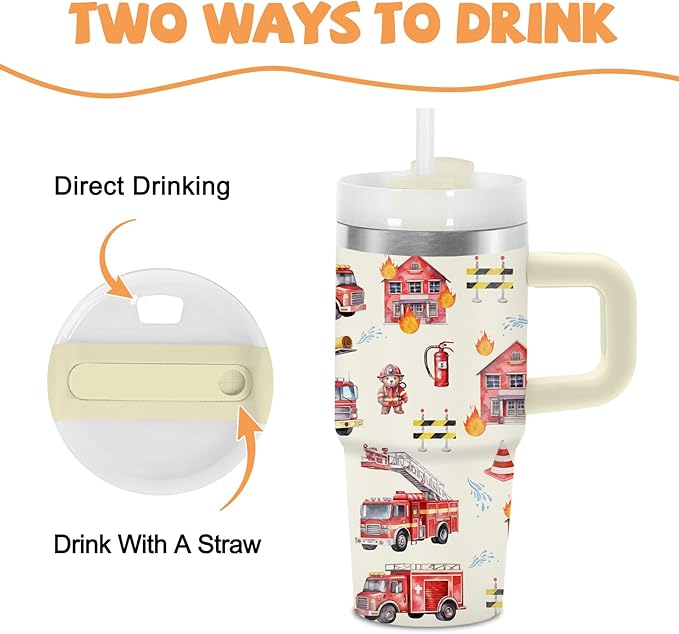Fire Truck Tumbler with Handle Straw for Kids 14oz, Insulated Stainless Steel Firefighter Cup for Boys, Birthday Gifts for Future Fireman Little Boys Girls - Bloomnest
