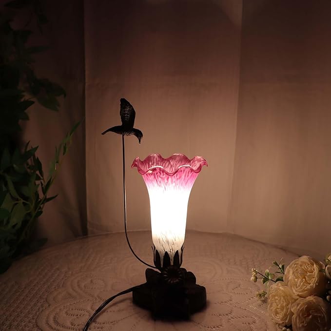 Bieye LL03 Hummingbird Flying Over Lily Flower Blown Glass Table Lamp for Home Decor (White Purple, 4.25Wx12H)