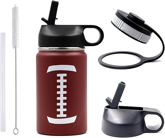 12 oz Football Water Bottle with Straw, Sports Flask Metal Travel Tumbler with 2 Lids, Stainless Steel Double Wall Vacuum Insulated Leak Proof Thermo Water Bottles, Football Gear Gifts for Boys Girls - Bloomnest