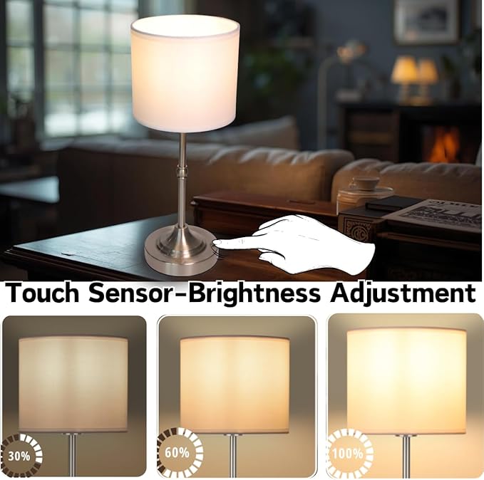 Rechargeable Table Lamp, Cordless Touch Lamps, Portable Desk Light with Stepless Dimmable Brightness & Fabric Shade for Nightstand Bedside Living Room (Silver, Straight) - Bloomnest