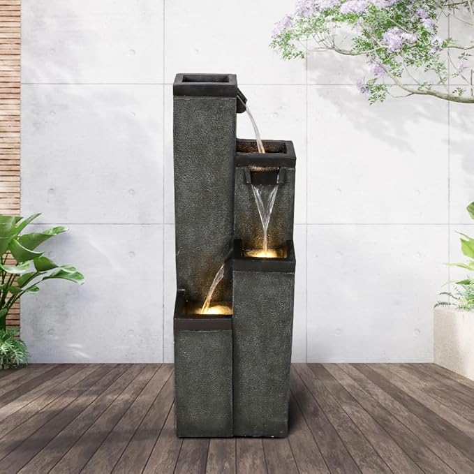 Modern Floor-Standing Water Fountain 39.3” High, Indoor Outdoor Water Fountain with Lights for Home, Garden, Patio Decor