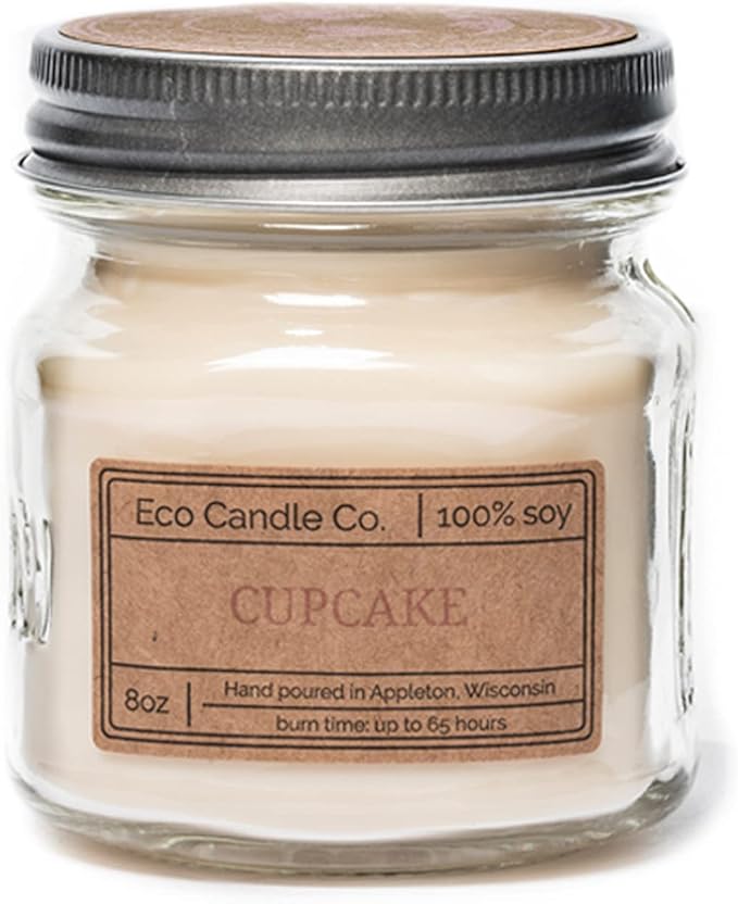 Eco Candle Co. Mason Jar Candle, Cupcake, 8 oz. - Scents of Yellow Cake & Icing - 100% Soy Wax, No Lead, Kraft Label & Antiqued Pewter Lid, Hand Poured, Made from Midwest Grown Soybeans - Bloomnest