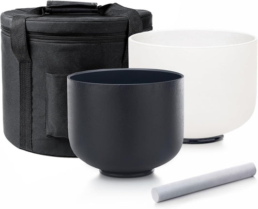 Hye-eun Crystal Singing Bowl Set, 2 PCS Yin and Yang 432 Hz 8"A Black and 10"F White Sound Meditation Mutual Attraction Chakra Bowls with Carry Case for Yoga Sound Healing Energy Vibration