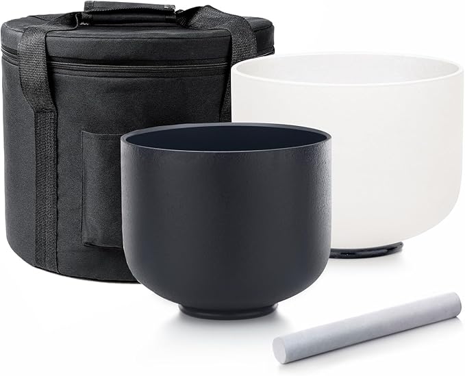 Hye-eun Crystal Singing Bowl Set, 2 PCS Yin and Yang 432 Hz 8"A Black and 10"F White Sound Meditation Mutual Attraction Chakra Bowls with Carry Case for Yoga Sound Healing Energy Vibration - Bloomnest