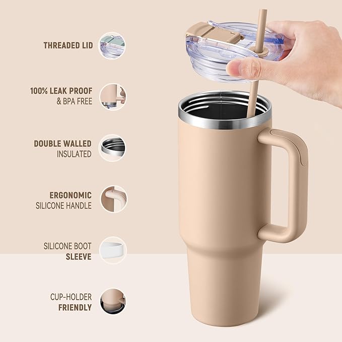 40 oz Tumbler With Handle and Straw Lid, Vacuum Insulated Travel Coffee Mug Stainless Steel Insulated Cup for Beverages, Leak-proof, Cupholder Friendly(Dark Night) - Bloomnest
