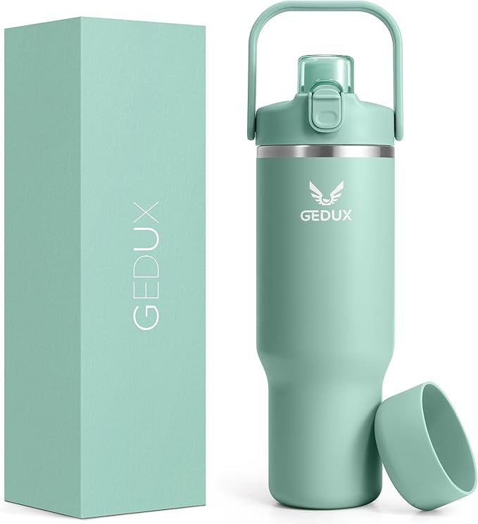 32 oz Stainless Steel Tumbler with Handle and Straw, Vacuum Insulated Water Bottle with 2-in-1 Lid (Chug/Straw) and Silicone Boot，Keeps Drinks Hot and Cold - Bloomnest