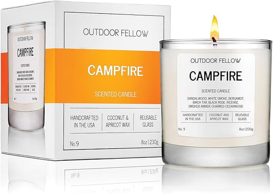 Outdoor Fellow Campfire Scented Candle, 8oz, Coconut & Apricot Wax Blend, Sandalwood, Smoked Amber, Charred Cedarwood, Reusable Glass, 40-50 Hour Burn Time - Bloomnest