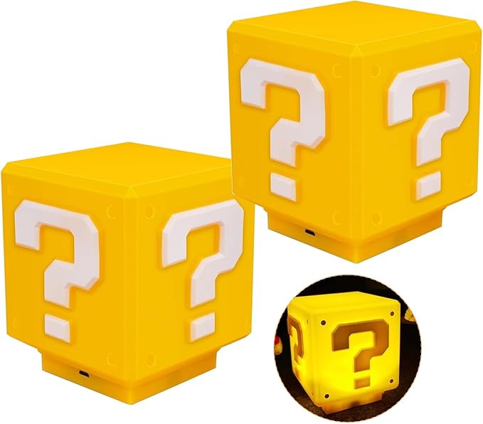 TLAOTNIY Super Bros Mini Question Block Night Lights - USB Powered Bedside Lamp with Game Sound Effects - Gift for Friends & Fans (2Pack) - Bloomnest