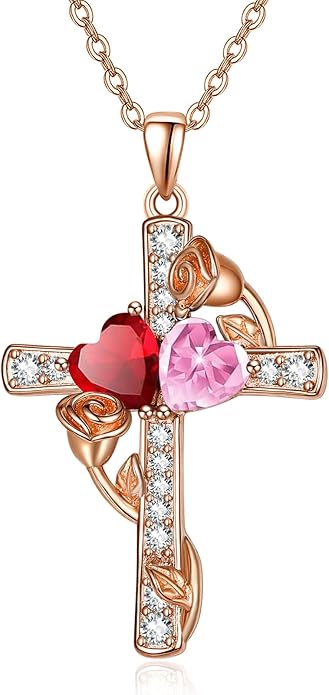 Rose Gold Dual Birthstones Cross Necklace for Women Rose Flower Jewelry Anniversary Christmas Mother's Valentine's Day Birthday Gift for Wife Girlfriend Mom - Bloomnest