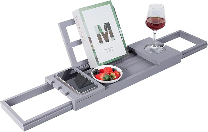 Utoplike Bathtub Tray Caddy Bamboo, Grey Bath Table for Tub Adjustable, Bathroom Organizer with Book Tablet Wine Glass Cup Towel Holder - Bloomnest