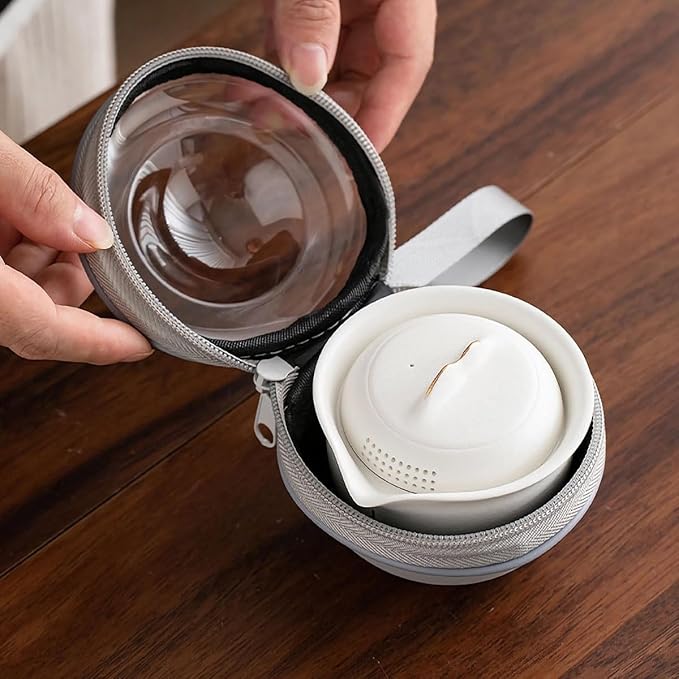 Travel Tea Set Ceramic Tea Pot Set Chinese Kung Fu Teapot Porcelain Gongfu Teacups Frosted Glazed Tea Cup, Portable Bag 1 Pot 3 Mini Cup All in One for Home Office Outdoor Picnic Camping Hotel, White - Bloomnest